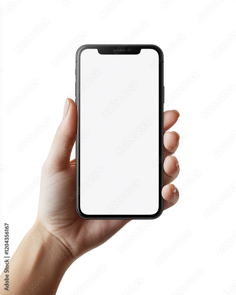 Poster hand holding a smartphone with a blank white screen on a plain background