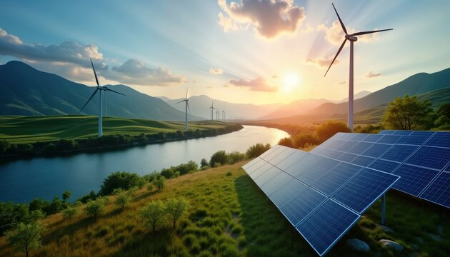 Scenic landscape eco-friendly energy tech. Wind turbines stand tall alongside solar panels near river. Green fields, hills surround area. Sunset paints sky in warm hues. Sustainable energy production