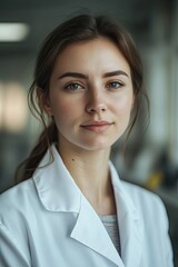 Fototapeta premium Confident woman in lab coat, displaying professionalism and dedi