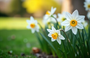 White daffodils bloom in spring garden. Closeup view of flower petals and stems. Rich green grass surrounds flowers. Bright springtime scene. Natural beauty of garden. Springtime flowers in park.
