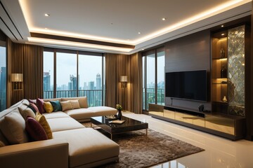 arafed living room with a large flat screen tv and a large window