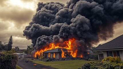 A dramatic scene of a house burning down in a suburban area, with thick black smoke and bright orange flames.