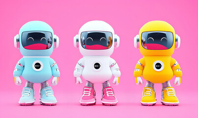 Obraz premium Vibrant Robots in Colorful Boots, four animated robots showcase playful designs, each wearing unique, bright boots, set in a whimsical environment.