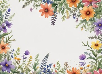 Fototapeta premium Whimsical watercolor wildflower border design, foliage, pretty, hand-drawn