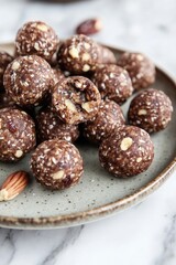 Delicious energy balls arranged on rustic plate, showcasing nutt