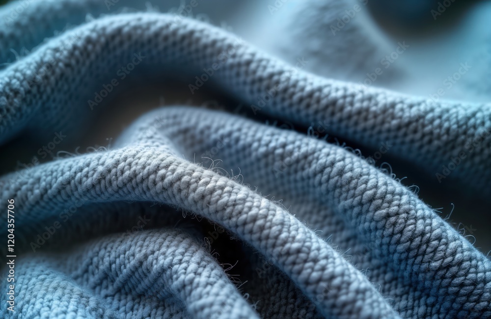 Poster Closeup view of soft textured grey blue knitted fabric. Fabric shows pattern of interwoven threads creating unique texture. Material looks comfortable, warm. Might suitable for sweaters winter