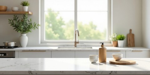 Fototapeta premium Bright Kitchen Countertop with Minimalist Decor and Sunlight
