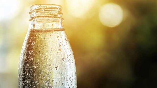 Clear bottle glistens with bubbles, capturing sunlight in refres