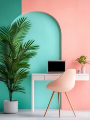 Fototapeta premium Pastel Minimalist Workspace with Geometric Arch - Modern home office, pastel colors, geometric shapes, minimalist design, tropical plant. Symbolizes serenity, productivity, style, nature, and modern 