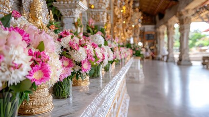 Fototapeta premium Temple floral offerings, serene interior, peaceful devotion, spiritual setting, religious ceremony