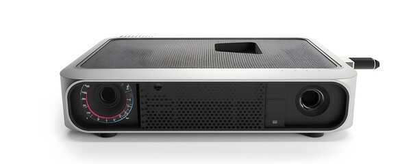 Obraz premium Close-up, detailed front view of a high-performance projector, isolated on white background.