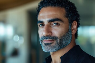 Confident man with striking features, captivating gaze, modern b
