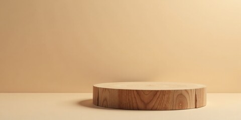 A simple, elegant, light beige background features a rustic, circular wooden display stand, perfect for showcasing products or creating a minimalist aesthetic.