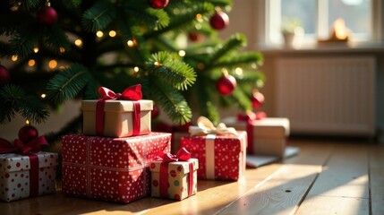 Sunlit Festive Presents Underneath a Decorated Christmas Tree