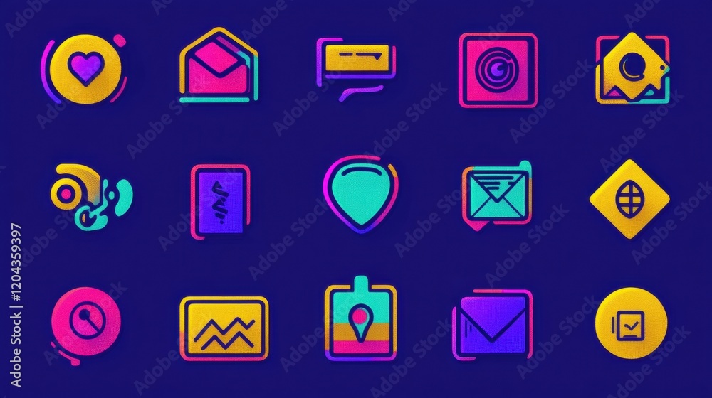 Aufkleber colorful digital icons representing communication and technology displayed on a vibrant background. 