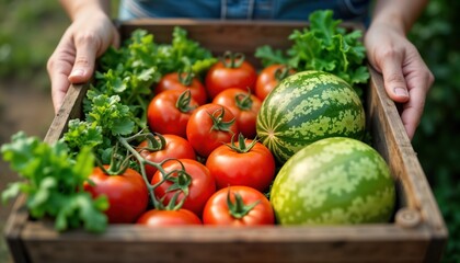 Fototapeta premium Freshly harvested tomatoes, watermelon displayed in wooden crate. Person holds crate. Produce looks ripe, ready to sold at local market. Eco-friendly approach highlights sustainable food production,