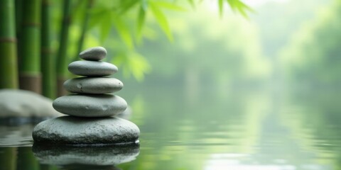 Obraz premium Serene Stacked Stones in a Tranquil Bamboo Garden Reflecting in Calm Water