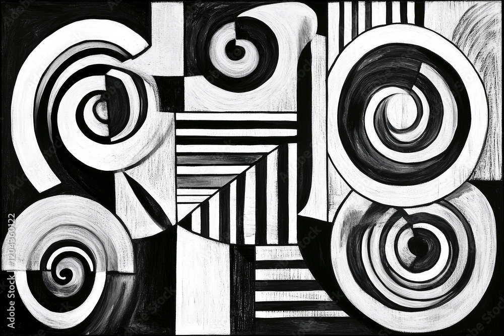 Poster black and white abstract geometric art with swirling and striped patterns