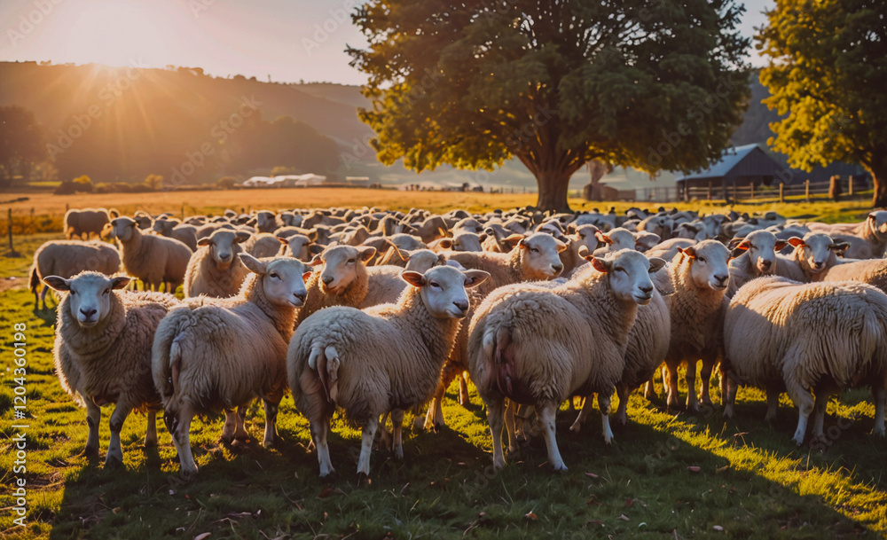 Poster Herd of sheep are standing in a field with a tree in the background. The sheep are all facing the camera, and the sun is shining on them. The scene is peaceful and serene, with the sheep grazing and
