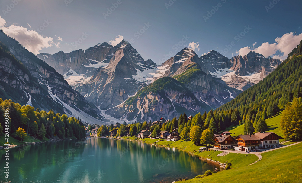 Aufkleber beautiful mountain landscape with a river running through it. the mountains are covered in snow and 