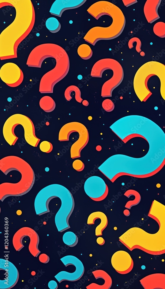 Fototapete colorful question marks fill dark background in vibrant pattern. abstract puzzle design features ove