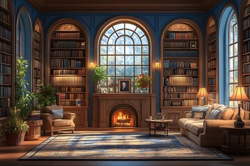 Fototapeta premium Cozy Room with Fireplace and Bookshelves