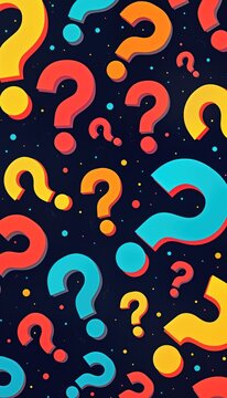 Colorful question marks fill dark background in vibrant pattern. Abstract puzzle design features overlapping question marks in red yellow, blue. Modern trivia art style illustration evokes curiosity,