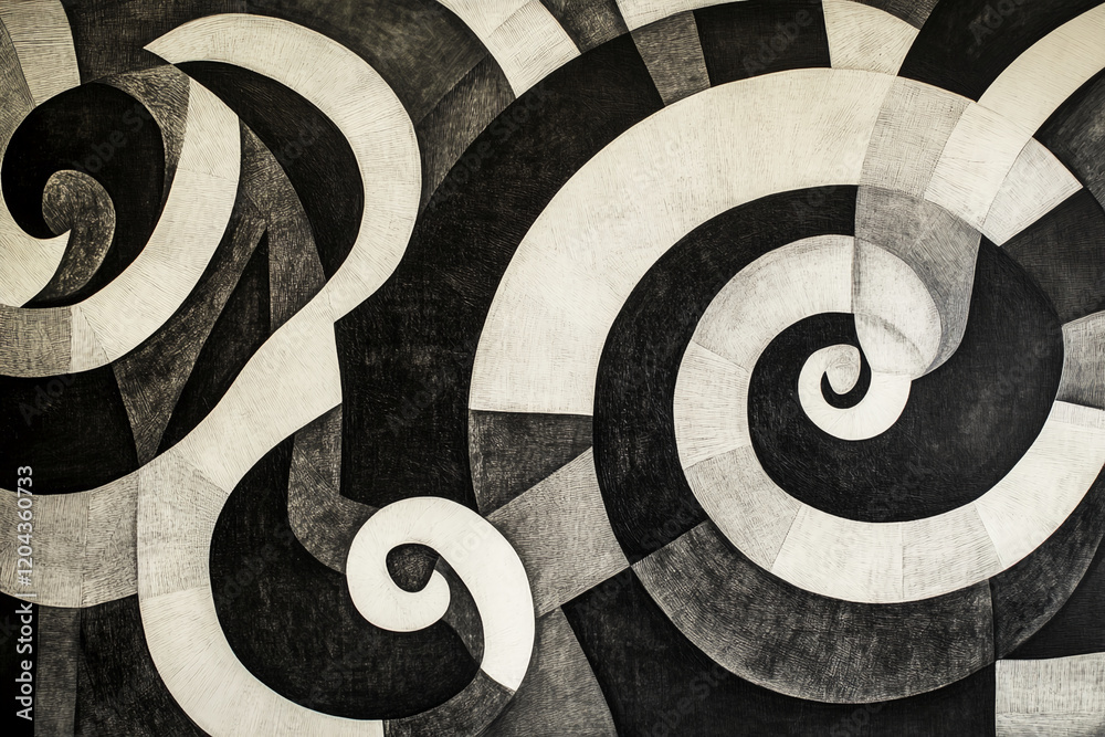 Aufkleber Black and white abstract geometric art with swirling patterns and dynamic lines