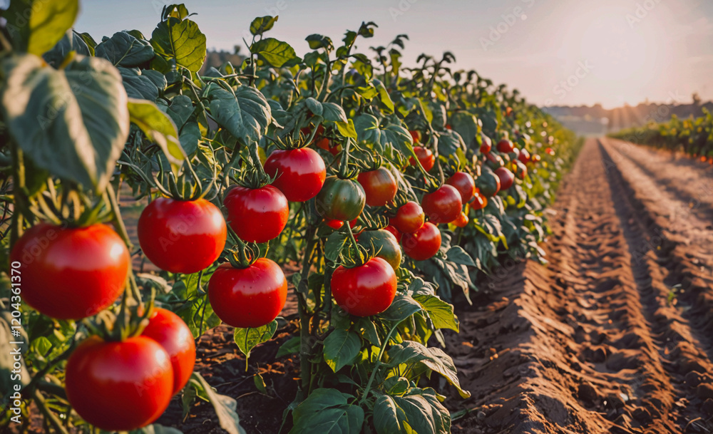 Poster row of tomato plants with many red tomatoes on them. the plants are in a field and the sun is shinin