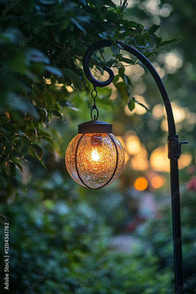 Poster outdoor lantern glowing in the evening garden with soft bokeh background