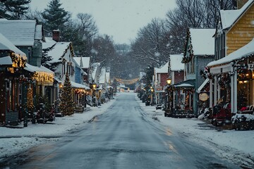 Fototapeta premium Snowy Christmas street scene with illuminated shops and falling snow.