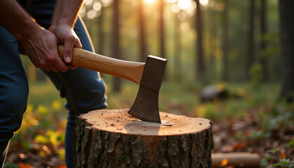 Person using an axe to chop wood, demonstrating the essential skill of woodwork in a beautiful forest setting.