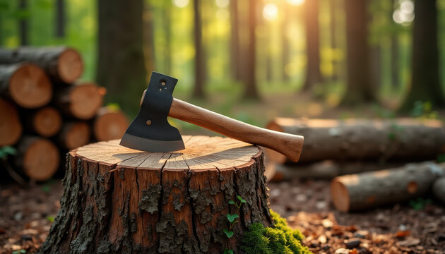 Wooden axe resting on a log in the forest, showcasing the beauty of woodcraft and outdoor work.
