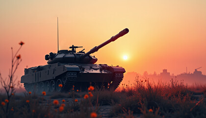 Powerful banner for Defender of the Fatherland Day showcasing a tank in a stunning sunset scene, capturing the essence of military pride and national honor.