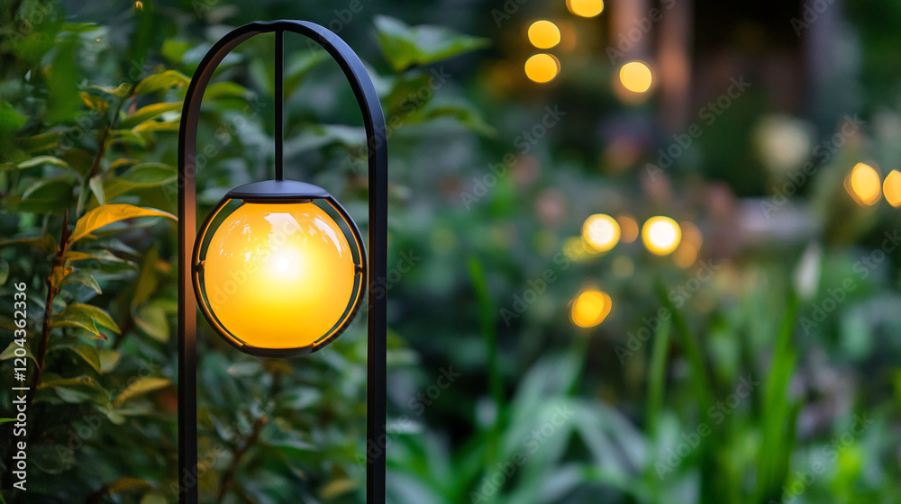 Poster Decorative garden lamp glowing in the evening with soft bokeh lights in the background