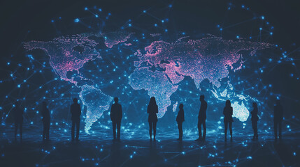 abstract professional business team people innovation connection of line from nail node to node on map background , networking concept