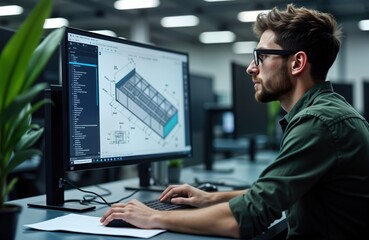 Focused engineer works on computer. Male designer analyzes 3D technical design on desktop monitor. Engineer uses CAD software. Pro in tech industry reviews building product layout. Facility designer