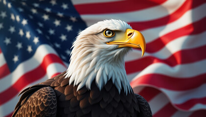 Powerful bald eagle showcased in a regal pose with the American flag in the background, honoring the significance of National Wildlife Day.