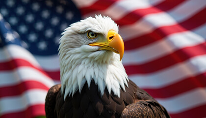 Dramatic side view of a bald eagle with its striking features on display, celebrating National Wildlife Day with an American flag background.