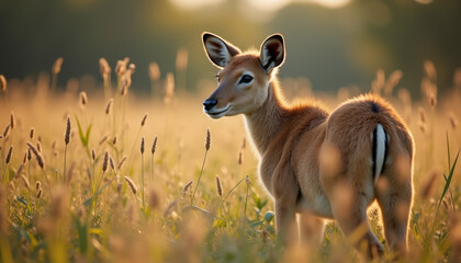 Fototapeta premium Graceful deer standing in tall grass at sunset, embodying the essence of wildlife on National Wildlife Day.