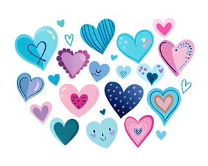 A collection of hearts in various colors and sizes