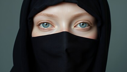 Naklejka premium Close-up Portrait of a Woman Wearing a Black Hijab, Her Blue Eyes Gazing Directly at the Camera Against a Soft Gray Background. The Image Evokes a Sense of Mystery, Calmness, and Cultural Identity, Hi