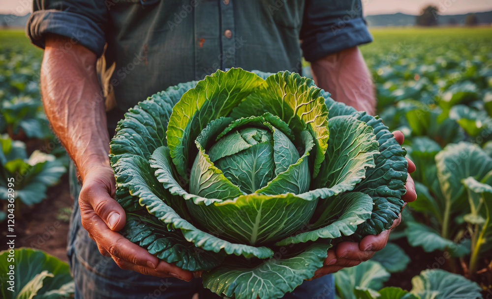 Aufkleber man is holding a large head of cabbage. the cabbage is green and he is fresh. the man is standing in