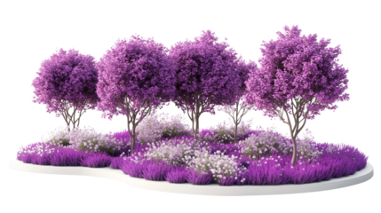 3D Illustration of Vibrant Purple Trees and Flowers in a Lush Garden  on a transparent background	
