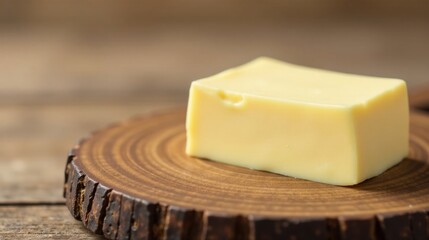 A pale yellow block of dairy product rests on a rustic wooden surface, showcasing its smooth texture and creamy color.