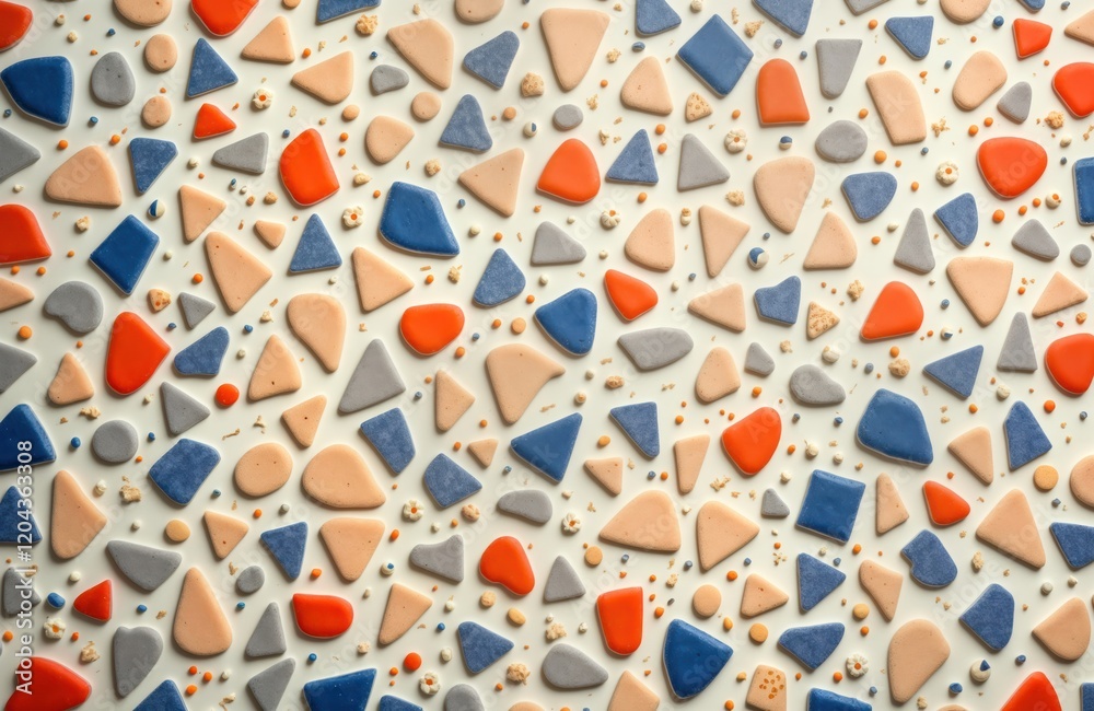 Poster close-up view of colorful terrazzo surface. geometric shapes in orange blue beige, grey create abstr