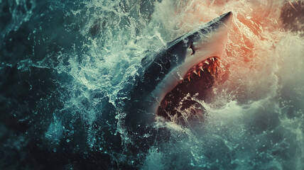 Obraz premium Shark digital illustration. Aggressive shark digital photo style illustration. AI artwork.