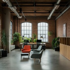 Fototapeta premium Industrial loft office space, exposed brick walls, large windows, natural light, wooden beams, concrete floor, minimalist furniture, modern office desk, ergonomic chairs, indoor plants, pendant lighti