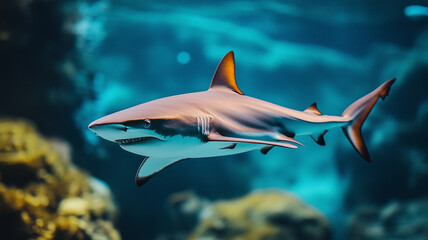 Fototapeta premium Shark digital illustration. Aggressive shark digital photo style illustration. AI artwork.