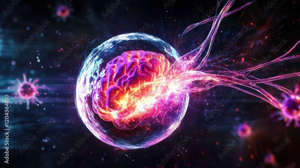 Poster visualization of brain activity merging with cellular structures in a colorful digital art represent